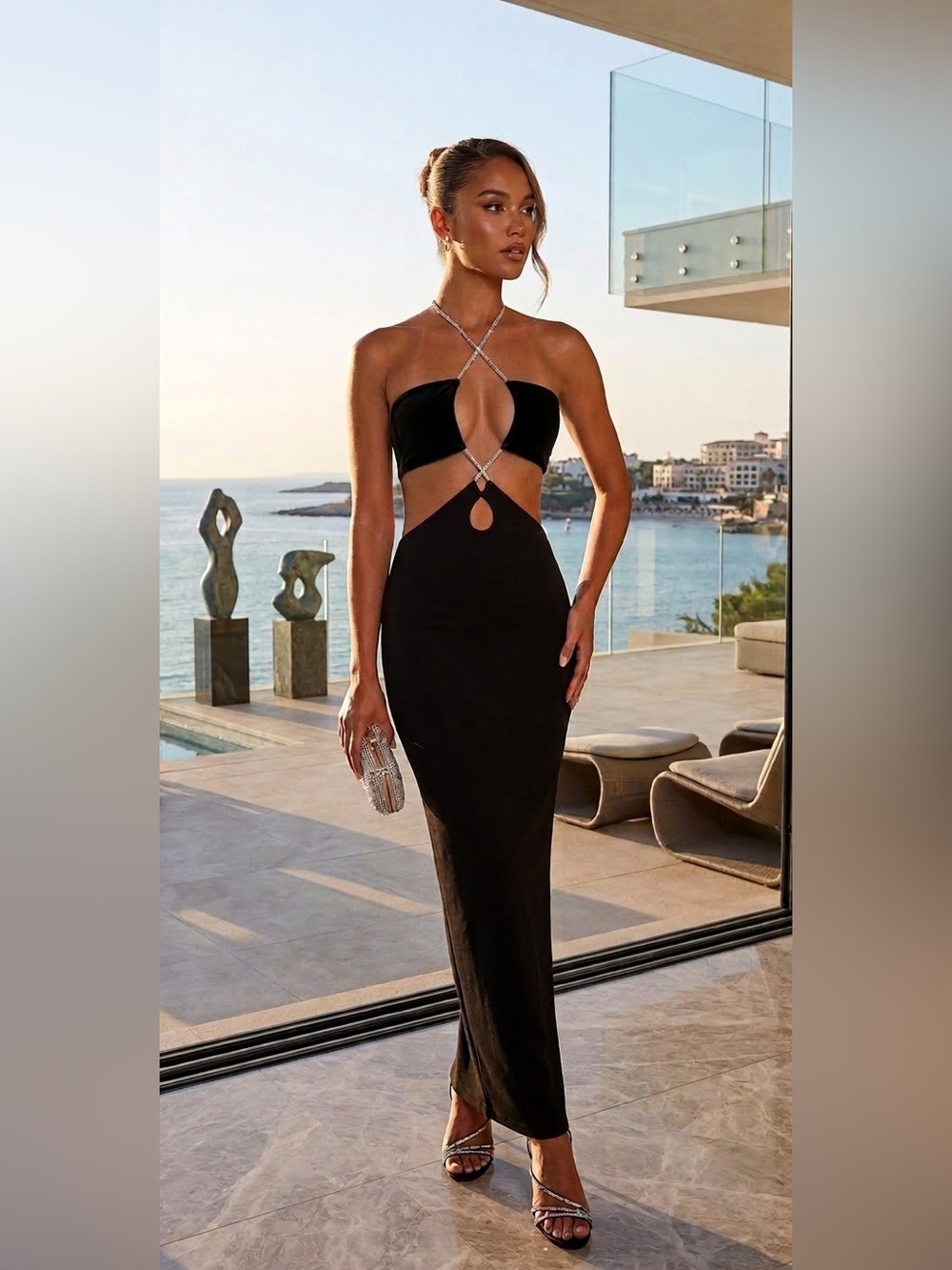 Meshki Black Crystal-Trim Cutout Maxi Dress